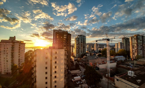 High angle view of cityscape against sky during sunset