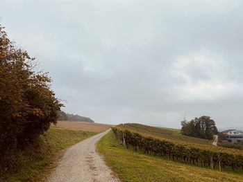 Empty road amidst field against sky