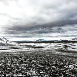 Scenic view of snow covered land against sky