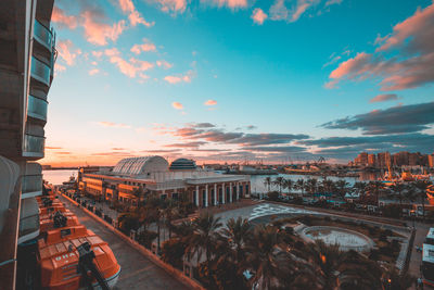 High angle view of buildings against sky during sunset