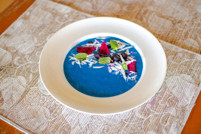 High angle view of food in plate on table