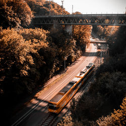 High angle view of bridge over road in city