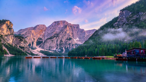 Panoramic view of lake with mountain range in background