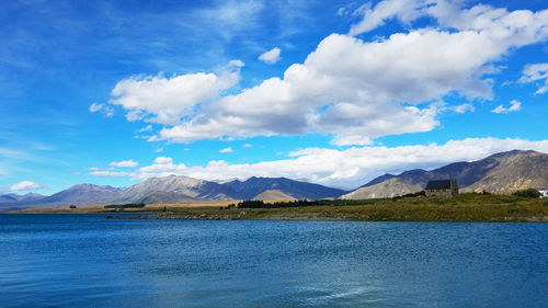 Scenic view of lake against cloudy sky