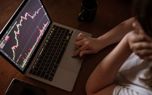 Young woman looking at the market on laptop