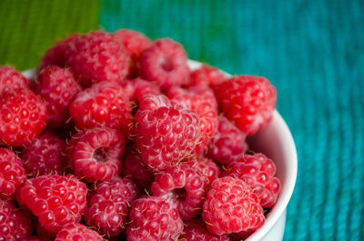 Close-up of raspberries in bowl