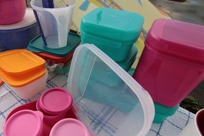 High angle view of multi colored bottles