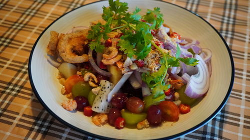 High angle view of breakfast served on table