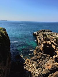 Scenic view of sea against clear blue sky