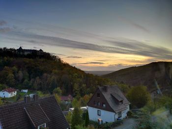 High angle view of townscape against sky during sunset