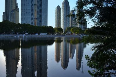 Reflection of buildings in lake against sky