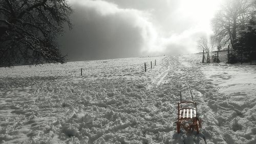 Snow covered landscape against sky