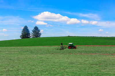 Tractor harvesting alfalfa . tractor working at agricultural field in the spring