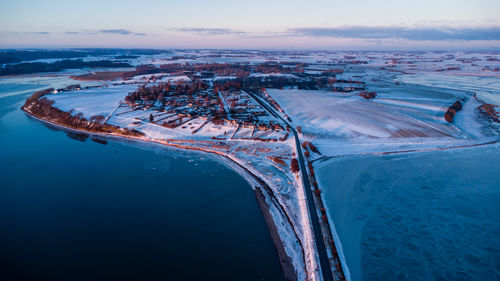 Aerial photo of dam from amstrup to island alrø, denmark