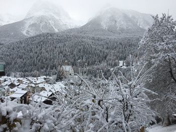 Scenic view of snow covered mountains against sky
