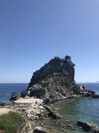 Scenic view of sea against clear blue sky