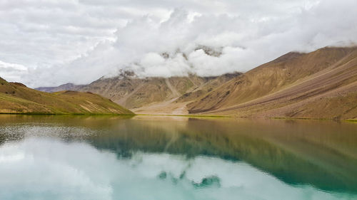 Lake with mountains in background