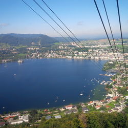 Aerial view of city and sea and mountains