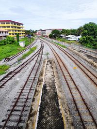 Railroad tracks by buildings in city against sky