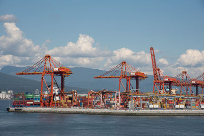 Cranes and shipping containers at port of vancouver