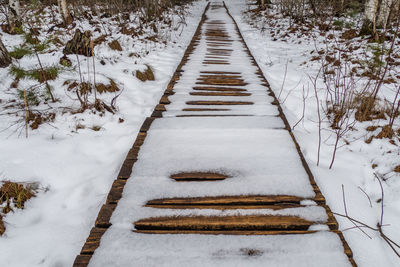 Snow covered boardwalk path through wetlands area.