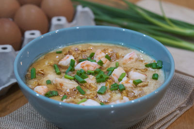 High angle view of soup in bowl on table