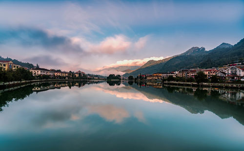 Reflection of buildings in lake against sky