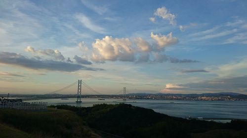 Suspension bridge over sea against cloudy sky during sunset