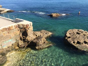 High angle view of rocks in sea