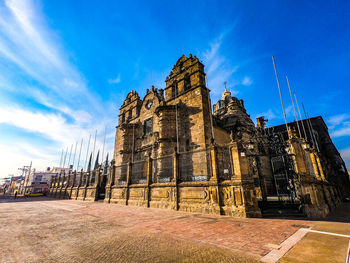 Low angle view of temple building against sky