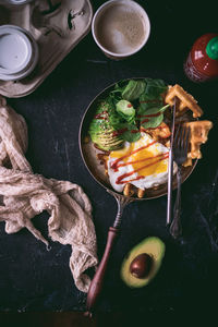 High angle view of breakfast in frying pan on table