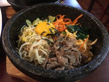 High angle view of vegetables in bowl on table