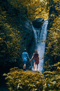 Rear view of couple holding hands while standing on rock against waterfall in forest