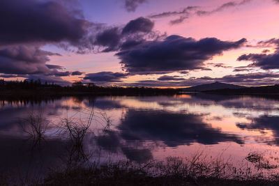 Scenic view of lake against cloudy sky