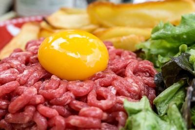 Close-up of steak tartare with lettuce