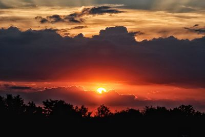 Silhouette trees against dramatic sky during sunset