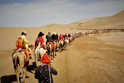 An image of tourists sitting on camels for desert scenery