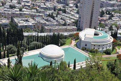 High angle view of swimming pool against buildings