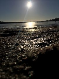 Close-up of sea shore against clear sky during sunset