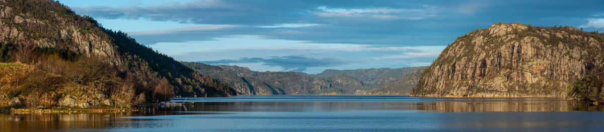 Scenic view of lake by mountains against sky