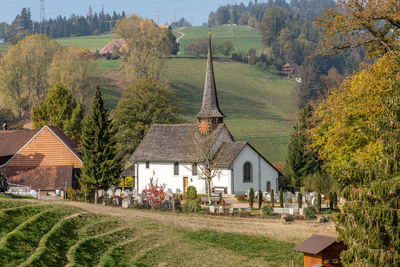 Panoramic view of trees and church in switzerland