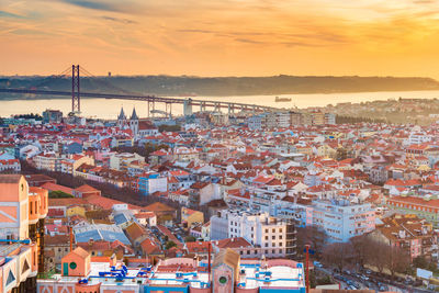 High angle view of townscape against sky during sunset