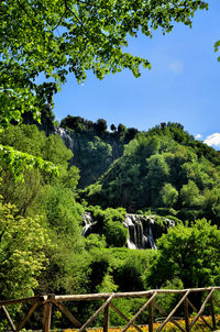 Scenic view of trees and mountains against sky