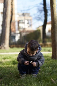 Close-up of man using mobile phone in grass