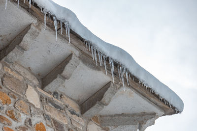 Low angle view of icicles on roof against sky