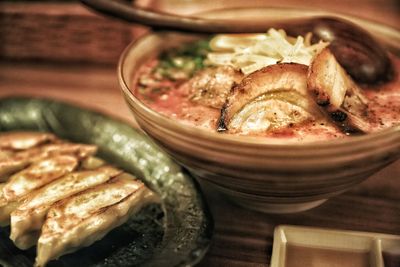 High angle view of food in plate on table