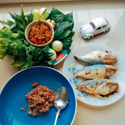 High angle view of food in plate on table