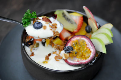 Close-up of breakfast served on table