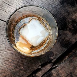 High angle view of drink on wooden table