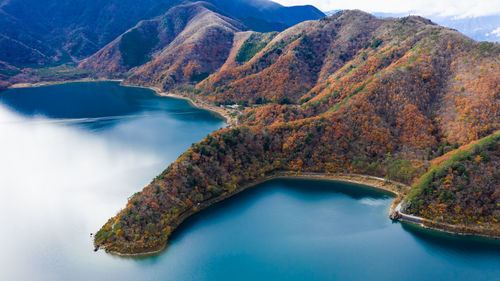 Nature landscape aerial view lake shojiko and mountain at autumn in japan